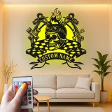 Custom Biker Skull LED Metal Sign | Personalized Motorcycle Wall Art | Garage & Man Cave Decor with Remote