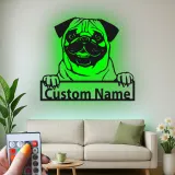 Personalisierte Pug LED-Schild | Individuelles Metall-Haustierporträt | Hundeliebhaber Namensdekoration | Moderne Wandkunst für den Eingangsbereich