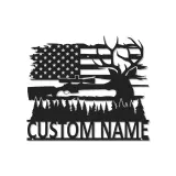 Cartel de metal personalizado de cazador de ciervos | Arte mural LED de bandera americana | Decoración de rifle con nombre personalizado para cueva de hombres | Regalo patriótico para cazadores