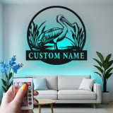Custom Pelican Metal Wall Art | RGB LED Light Coastal Sign | Personalized Beach House Decor | Unique Gift for Bird Lovers