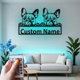 Insegna in metallo personalizzata con Bulldog Francese | Decorazione murale LED su misura | Regalo per lei amante dei cani | Arredo con nome del pet
