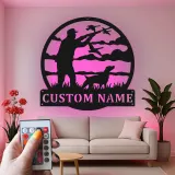 Décoration murale en métal personnalisée Chasseur et Chien avec rétroéclairage LED Cadeau pour Amateurs de Plein Air Décor de Man Cave ou de Cabane