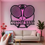Enseigne LED en métal raquette de tennis personnalisée | Art personnalisé avec nom de joueur | Décor sportif lumineux | Art mural pour salle de jeux