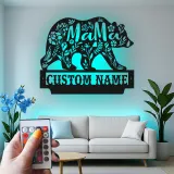 Arte mural de oso mamá | Cartel LED personalizado para cabaña de mamá | Decoración rústica de vida salvaje floral