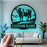 Décoration murale en métal LED personnalisée de vache - Cadeau de ferme pour éleveurs - Décor rustique pour le salon