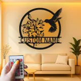 Hummingbird & Lily LED Metal Wall Art | Personalized Name Sign for Home | Custom Floral Bird Decor for Garden Lovers