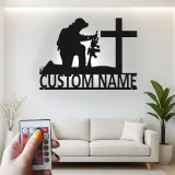 Kneeling Soldier Memorial Sign | Personalized LED Metal Art for Veterans | Custom Military Tribute | Christian Cross Wall Decor