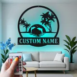Custom Tropical Sunset with Dolphins Led Light Metal Wall Art Personalized Beach Lover Gift Coastal Living Room Decor