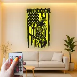 Cartel LED de bombero personalizado | Arte mural de bandera americana | Regalo personalizado para bombero | Decoración de héroe en la pared