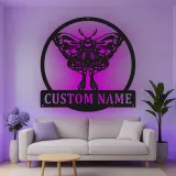 Cartel de metal LED con polilla, regalo personalizado para amantes de la naturaleza, decoración de dormitorio o sala de estar
