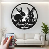 Insegna in Metallo Personalizzata con Coniglio e LED | Arte in Metallo del Coniglio | Decorazione per Nursery e Casa per Amanti degli Animali