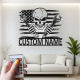 Art mural en métal LED avec crâne patriote | Panneau de garage mécanicien personnalisé | Décoration de man cave pour lui