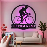 Custom Cyclist Led Light Metal Wall Art Personalized Gift for Biking Enthusiasts Garage or Home Gym Decor