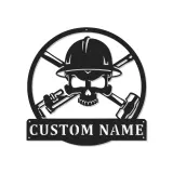 Panneau en métal personnalisé de travailleur de la construction | Art mural LED de crâne pour man cave | Cadeau personnalisé pour constructeur avec casque de sécurité et outils croisés