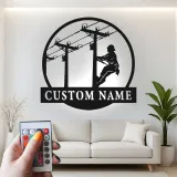 Lineman LED Metal Wall Art | Personalized Electrician Gift | Custom Name Sign for Industrial Decor, Man Cave | RGB Light Up Utility Pole