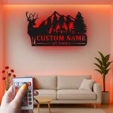 Personalisierte Hirsch-Mountain-Szene LED-Metall-Wandkunst – rustikales Geschenk für die Hütte
