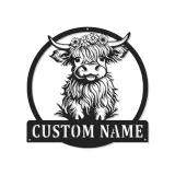Arte da parete in metallo LED Highland Cow | Insegna con nome personalizzata per decorazione della casa di campagna | Regalo su misura per ranch e nursery