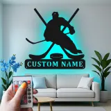 Custom Hockey Player Metal Sign | LED Light Wall Art | Personalized Game Room Decor | Hockey Fan Gift