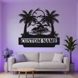 Insegna in Metallo Personalizzata per Surfer con LED | Plaque con Nome per Casa al Mare | Arte Murale con Onde Oceaniche e Palme Tropicali