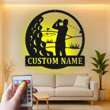 Panneau métallique personnalisé pour golfeur | Décoration LED avec prénom | Cadeau pour amateur de golf | Déco de man cave et bar à domicile