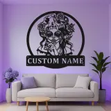 Custom Sugar Skull Metal Sign | LED Day of The Dead Wall Art | Personalized Gothic Home & Salon Decor with Nameplate