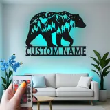 Décoration murale en métal personnalisée avec éclairage LED Forêt d'Ours Cadeau pour Amateurs de Nature Décor de Cabane ou Salon
