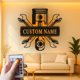 Personalized Mechanic Garage Sign | LED Metal Wall Art with Piston & Wrenches | Custom Automotive Decor for Car Enthusiasts