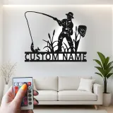 Cartel de pesca personalizado con LED | Arte mural de metal con nombre personalizado | Decoración rústica de casa de campo y regalo para pescador