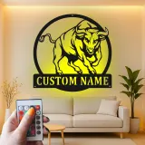 Insegna in metallo LED personalizzata con toro - Regalo per lui, decorazione per man cave o ufficio