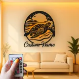Art Murale en Métal Tortue de Mer LED | Panneau de Nom Personnalisé | Décor Nautique de Plage | Silhouette de Faune Marine sur Mesure