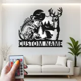 Insegna in metallo personalizzata con cervo e pesce persico retroilluminata LED regalo per amanti della natura decorazione per cabin o man cave