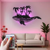 Décoration murale en métal personnalisée avec baleine et palmiers, lumière LED, cadeau unique pour les amoureux de l'océan, décoration de maison de plage