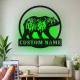 Custom Bear and Mountain Scene Led Light Metal Wall Art Personalized Nature Lover Gift Cabin Decor