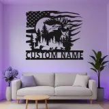 Insegna in metallo personalizzata con alce | Arte da parete faunistica LED con bandiera americana | Decorazione e regalo per cabin di cacciatori