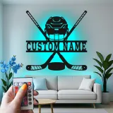 Enseigne personnalisée de hockey | Décoration murale LED en métal | Déco personnalisée pour joueur, salle de jeux | Cadeau fan de sport