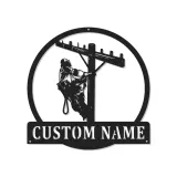 Plaque métallique personnalisée pour lineman avec LED | Cadeau personnalisé pour électricien | Décoration murale pour technicien des réseaux | Déco rustique en acier