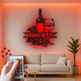 Décoration murale en métal personnalisée avec bouteille de vin et verre en rétroéclairage - Cadeau pour les amateurs de vin, décoration de cuisine ou de bar