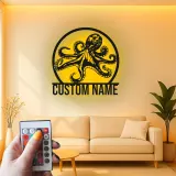Décoration murale LED en métal pieuvre personnalisée | Plaque avec nom sur mesure | Déco nautique pour bureau et maison côtière | Cadeau pour amoureux de l’océan