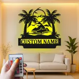 Insegna in Metallo Personalizzata per Surfer con LED | Plaque con Nome per Casa al Mare | Arte Murale con Onde Oceaniche e Palme Tropicali