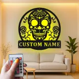 Custom Sugar Skull Metal Sign | Personalized LED Wall Art | Day of the Dead Decor | Gothic Home & Studio Accent Gift