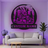 Insegna in metallo LED personalizzata con bisonte e famiglia - Regalo per amanti della natura - Decorazione rustica per cabin