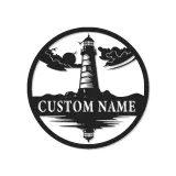 Insegna LED in metallo personalizzata con faro | Arte murale costiera personalizzata | Regalo per casa al mare | Silhouette marina