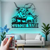 Highland Cow Metal Wall Art | Custom LED Sign for Farmhouse Decor | Personalized Ranch Home Gift for Cow Lovers