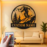 Custom Skiing Led Light Metal Wall Art Personalized Gift for Skiers Mountain Lodge Decor