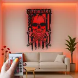 Panneau LED Crâne de Plombier | Décoration Murale Patriotique Personnalisée avec Drapeau USA | Décor de Garage avec Nom Personnalisé pour Hommes
