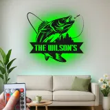 Insegna da pesca personalizzata con LED | Arte murale in metallo con pesce su misura | Arredo per casa al lago e baita | Regalo per pescatore con cognome di famiglia