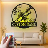 Cartel de metal LED con trompeta y notas musicales personalizado, regalo para músicos, decoración para estudio o sala de música