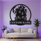 Letrero LED de casa encantada | Decoración mural de metal personalizada | Decoración de Halloween con apellido personalizado | Iluminación espeluznante para exterior y porche