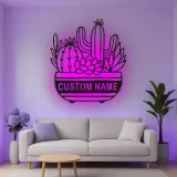 Cartel de metal personalizado con luz LED de suculenta de cactus, regalo de inauguración para decoración del salón del desierto