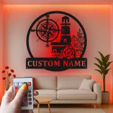 Cartel náutico de faro y brújula | Decoración mural de metal personalizada con LED | Decoración costera personalizada para casa de playa